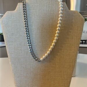Mixed Pearl and Silver-Tone Chain Necklace - Half Pearl, Half Chain